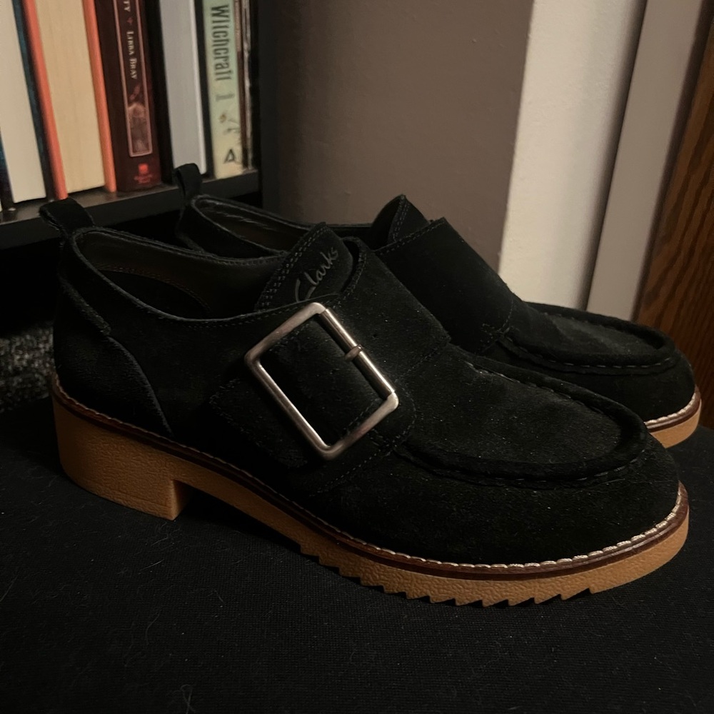 Clarks Black Suede Loafers with Buckle
